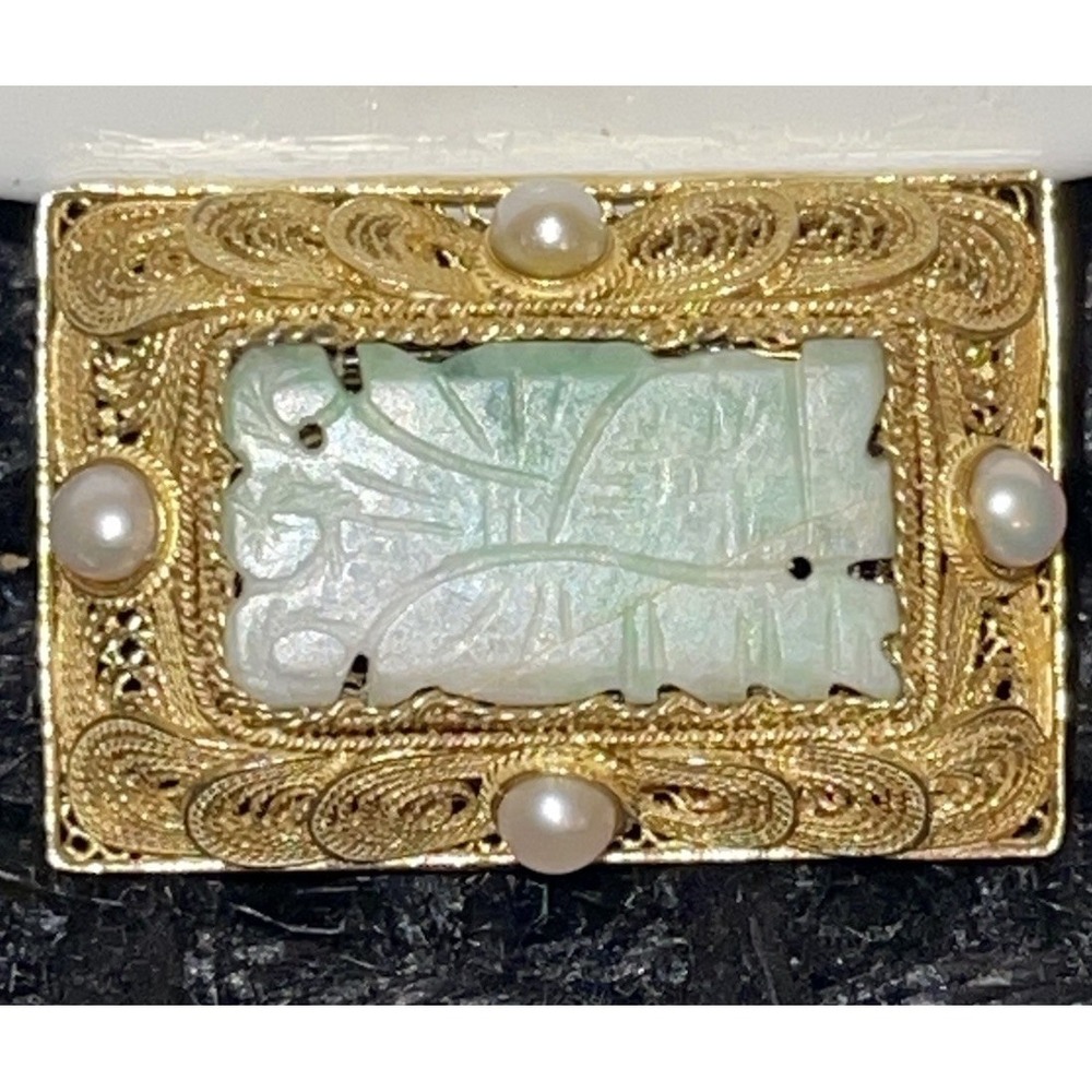 Vintage Chinese Jadeite Gilt Silver 925 Filigree Pearl Brooch